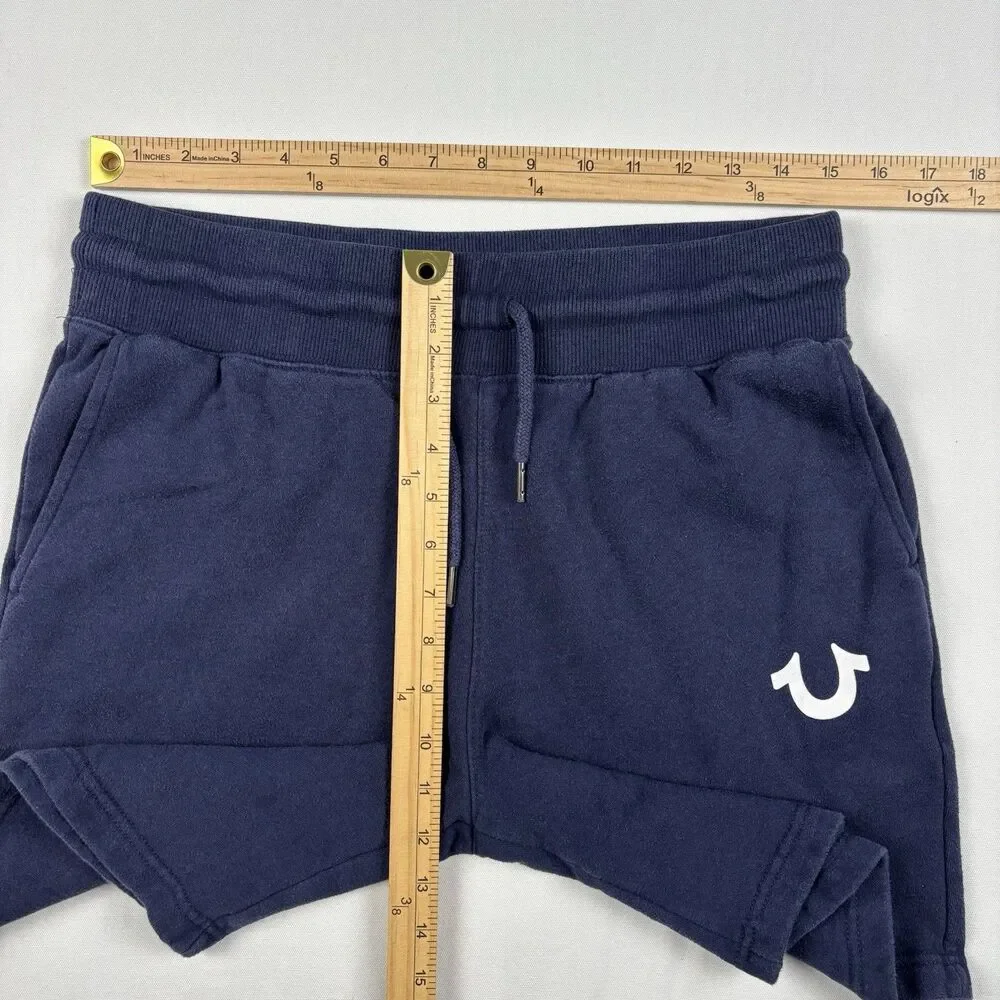True Religion Frayed Sweat Shorts Navy Mens Size S Horseshoe Logo Drawstring